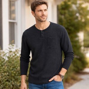 Columbia Thermal Henley Shirt Mens Large Black Fleece Inside Elbow Patches